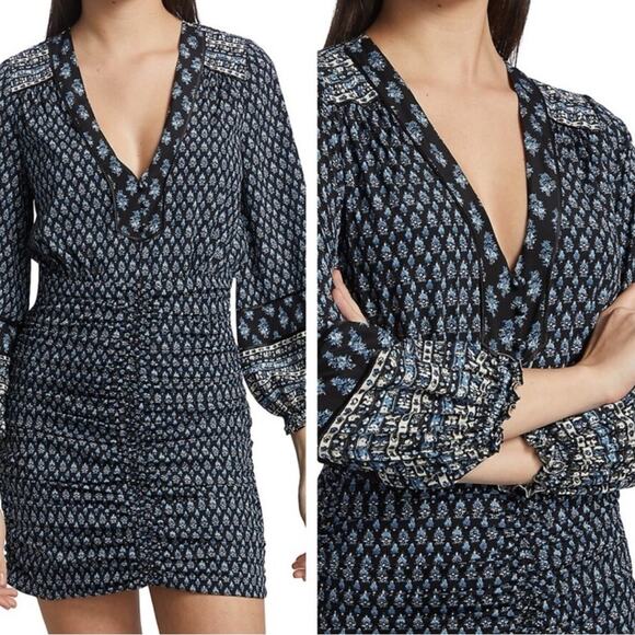Veronica Beard Zaria Long Sleeve Mini Dress Ruched Floral Silk Bodycon US 0 - Picture 2 of 11